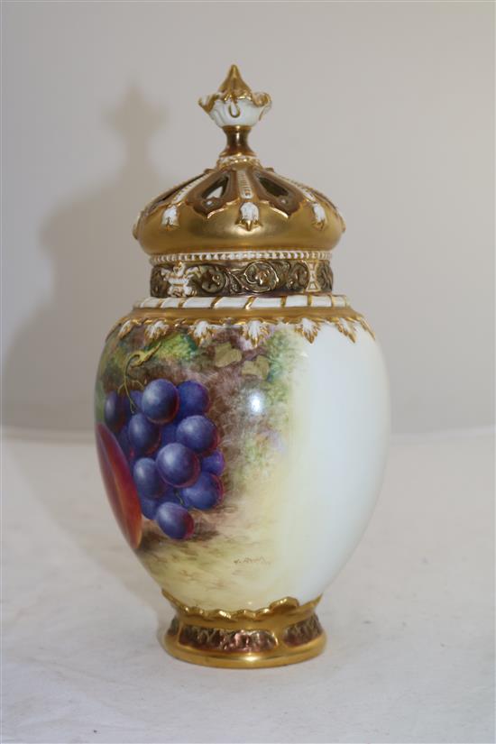 A Royal Worcester fruit painted pot pourri vase, inner cover and pierced cover, c.1957, 24.1cm (9.5in.)